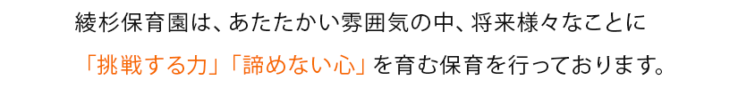 あたたかい雰囲気の中で、家庭や地域社会との連携をとりあいながら、乳幼児の生活と活動の発達を助けるように保育いたします。
